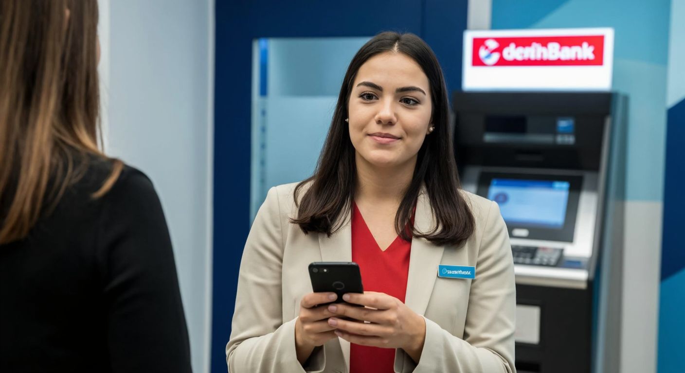 A focused Turkish woman in a modern bank setting, holding a smartphone with the DenizBank app open, while a friendly bank employee gestures toward an ATM in the background.