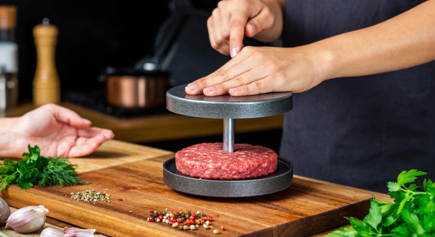 A smiling person in a cozy Turkish kitchen presses seasoned ground meat into a hamburger patty using a round press on a wooden counter, with fresh herbs and spices scattered nearby.