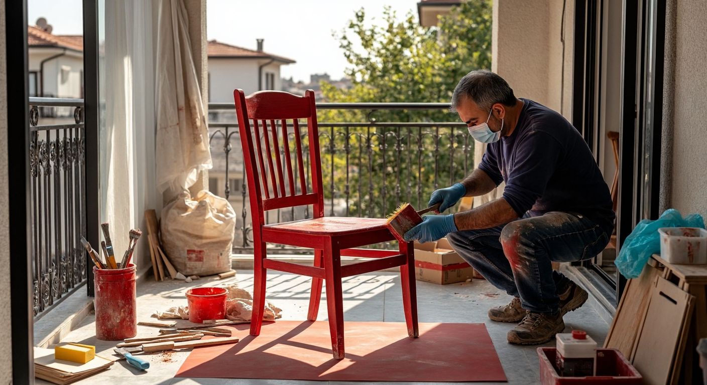 A Turkish craftsman wearing gloves and a mask carefully painting a wooden chair with rich red paint, surrounded by scattered tools, sandpaper, and a protective cloth on a sunlit balcony.