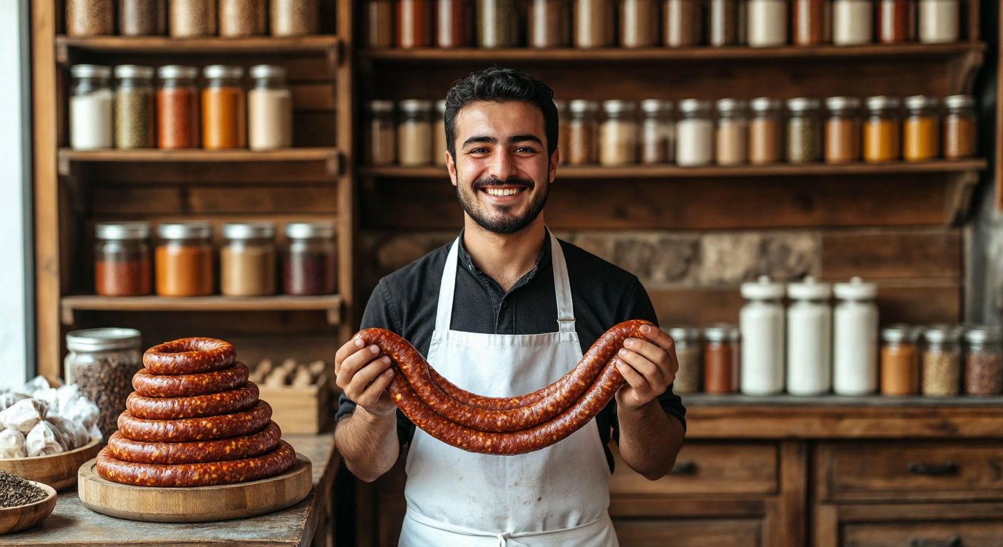 A smiling Turkish shopkeeper in a white apron holds a coiled, glistening sucuk against a backdrop of stacked spice jars and a rustic wooden counter.