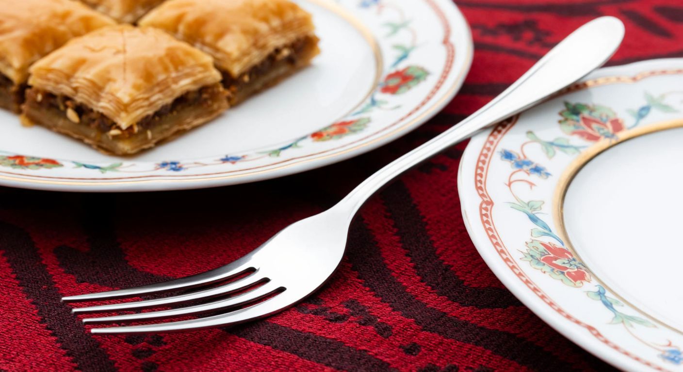 A polished stainless steel dessert fork with an elegant, ergonomic design rests on a traditional Turkish tablecloth beside a delicate porcelain plate with baklava.