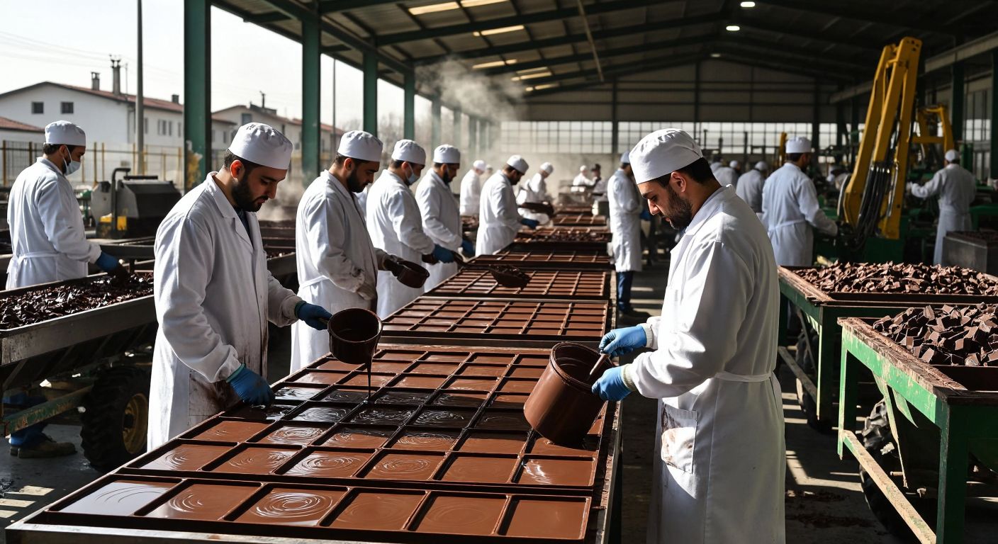 A bustling Istanbul factory with workers in white coats pouring melted chocolate into molds, while in Lüleburgaz, farmers inspect sturdy agricultural machinery under a bright sun.