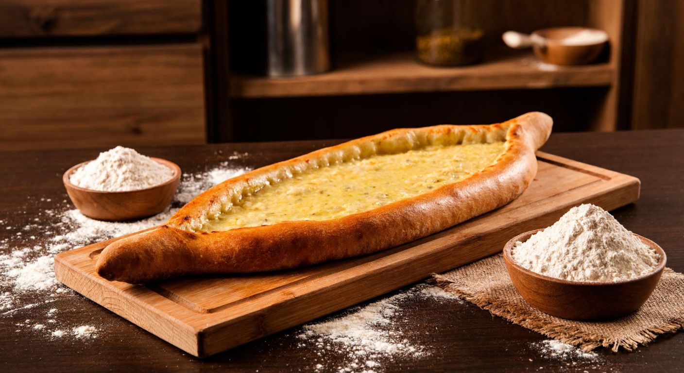 A golden, freshly baked Ordu Yağlısı pide resting on a wooden table, surrounded by scattered flour and a bowl of special-purpose wheat flour, with a warm, inviting glow from a traditional Turkish kitchen in the background.