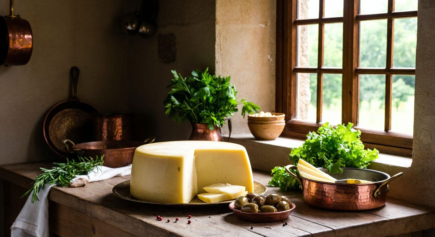A rustic wooden table in a sunlit farmhouse kitchen, showcasing a golden wheel of göbek kaşar cheese from Kars, surrounded by fresh herbs, olives, and a traditional Turkish copper tray.