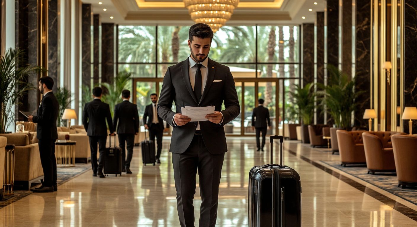 A well-dressed hotel manager in a sleek suit stands confidently in a luxurious Turkish hotel lobby, reviewing paperwork while staff members in crisp uniforms attend to guests and a bellboy carries luggage.