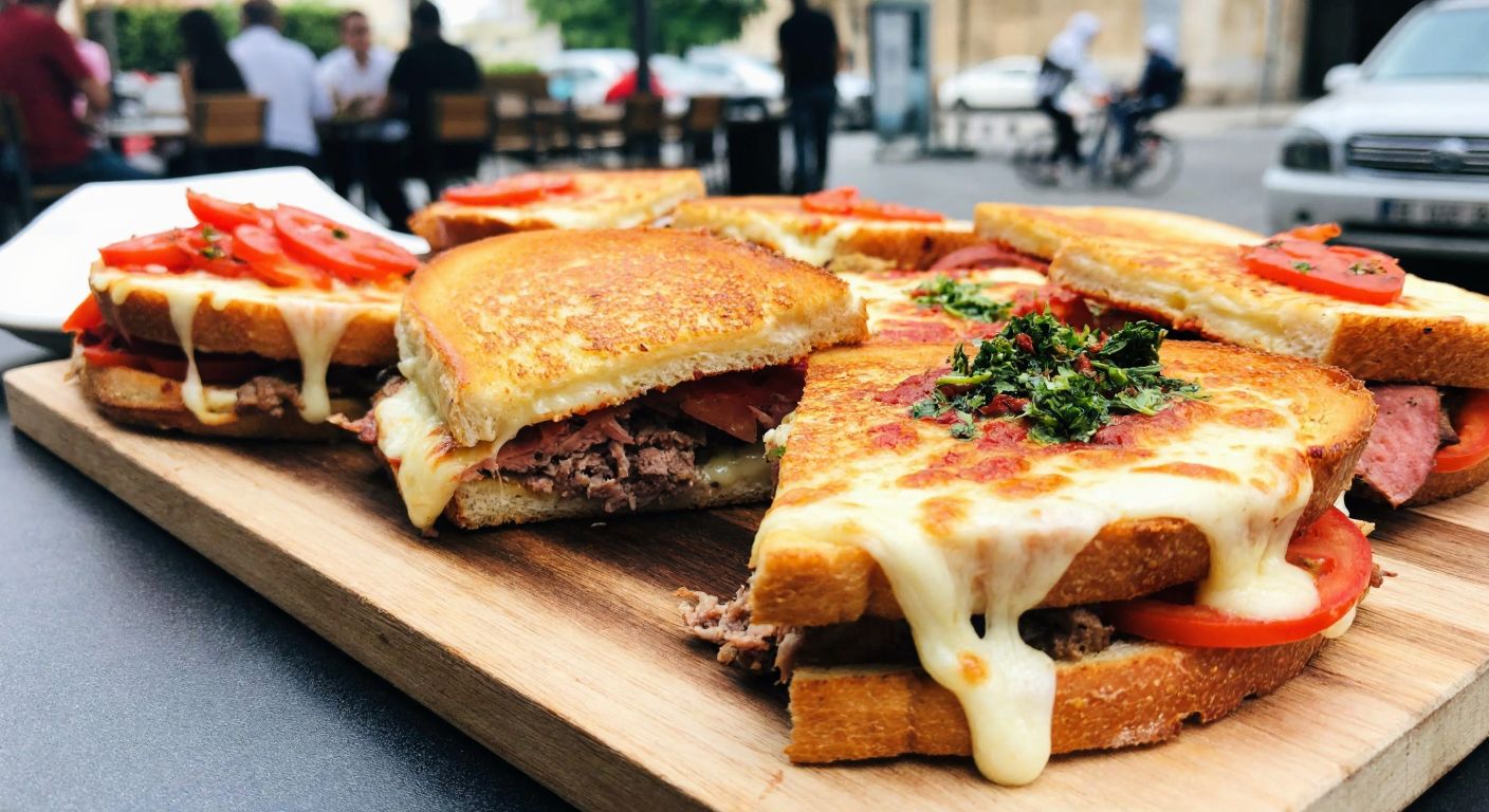 A vibrant Turkish street food stall with golden-brown Ayvalık toasts oozing melted cheese, layered with dana sucuk, kavurma, and colorful toppings like green olive paste and fresh herbs, served on a rustic wooden board.