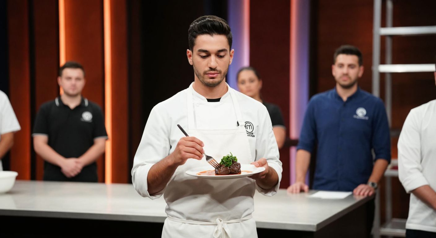 A disappointed young Turkish chef in a white apron stands in a MasterChef kitchen, holding a plate of unfinished beef cheek dish with missing sauce, while judges watch solemnly from a judging table.