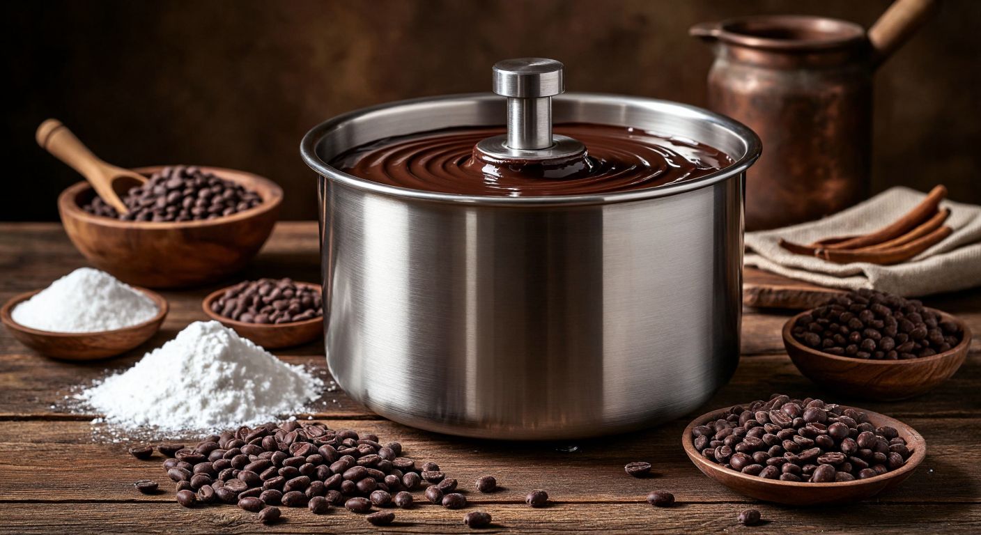 A gleaming stainless steel chocolate melanger with rotating stone rollers slowly grinding dark cocoa beans into a smooth, glossy paste, surrounded by scattered ingredients like sugar, milk powder, and vanilla pods on a rustic wooden table in a warm Turkish confectionery workshop.