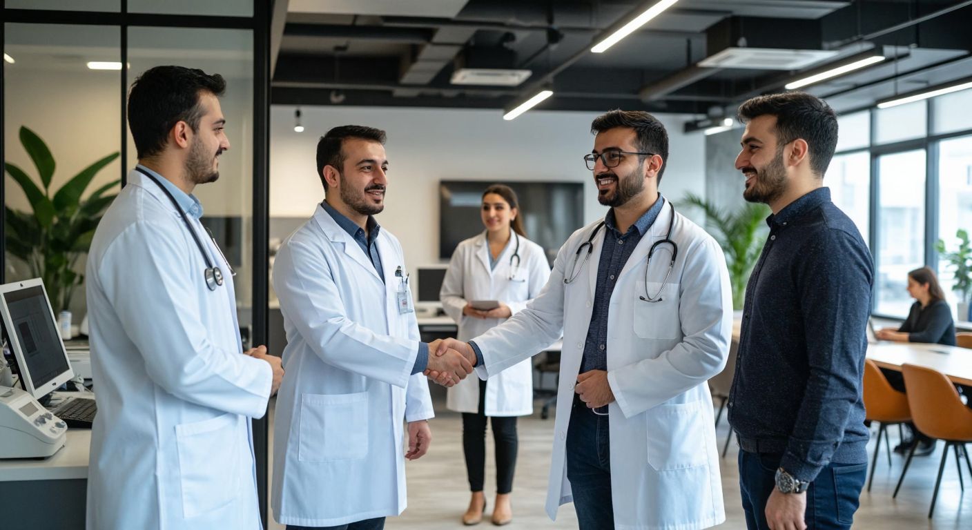 A split image showing on one side a group of Turkish professionals in white coats discussing medical equipment in an office, and on the other side a British investor shaking hands with a startup founder in a modern co-working space.