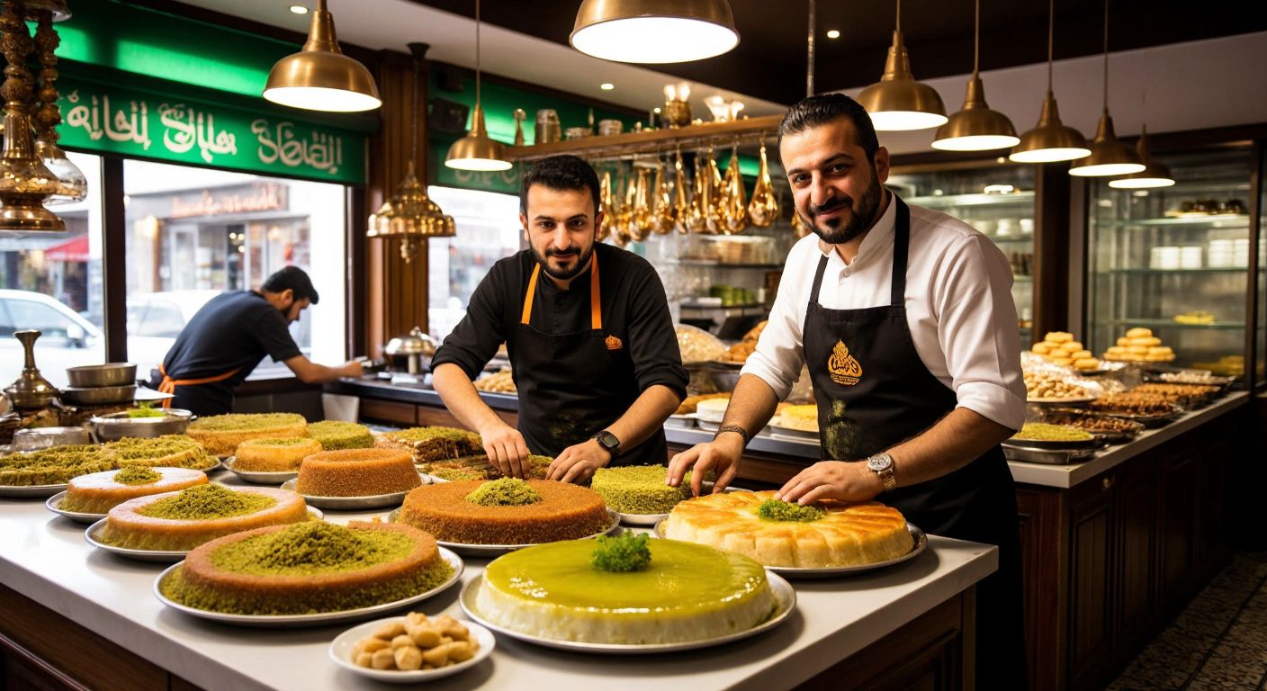 A warm, bustling Turkish dessert shop with Sıtkı Altunbay and his sons proudly arranging golden trays of kadayıf, künefe, and baklava, surrounded by the rich aroma of syrup and pistachios.