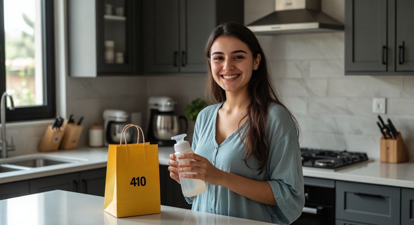 A young mother in a modern Turkish home smiles warmly while holding a manual breast pump, with a neatly arranged A101 shopping bag on the kitchen counter beside her.