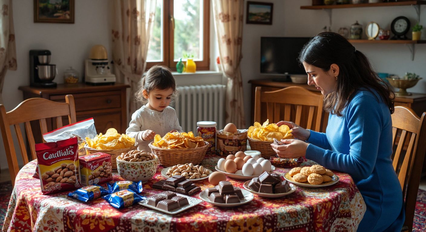A colorful table in a Turkish home scattered with packaged snacks like chips, cookies, and chocolates, alongside common allergens like nuts and eggs, with a concerned mother and child inspecting the ingredients.