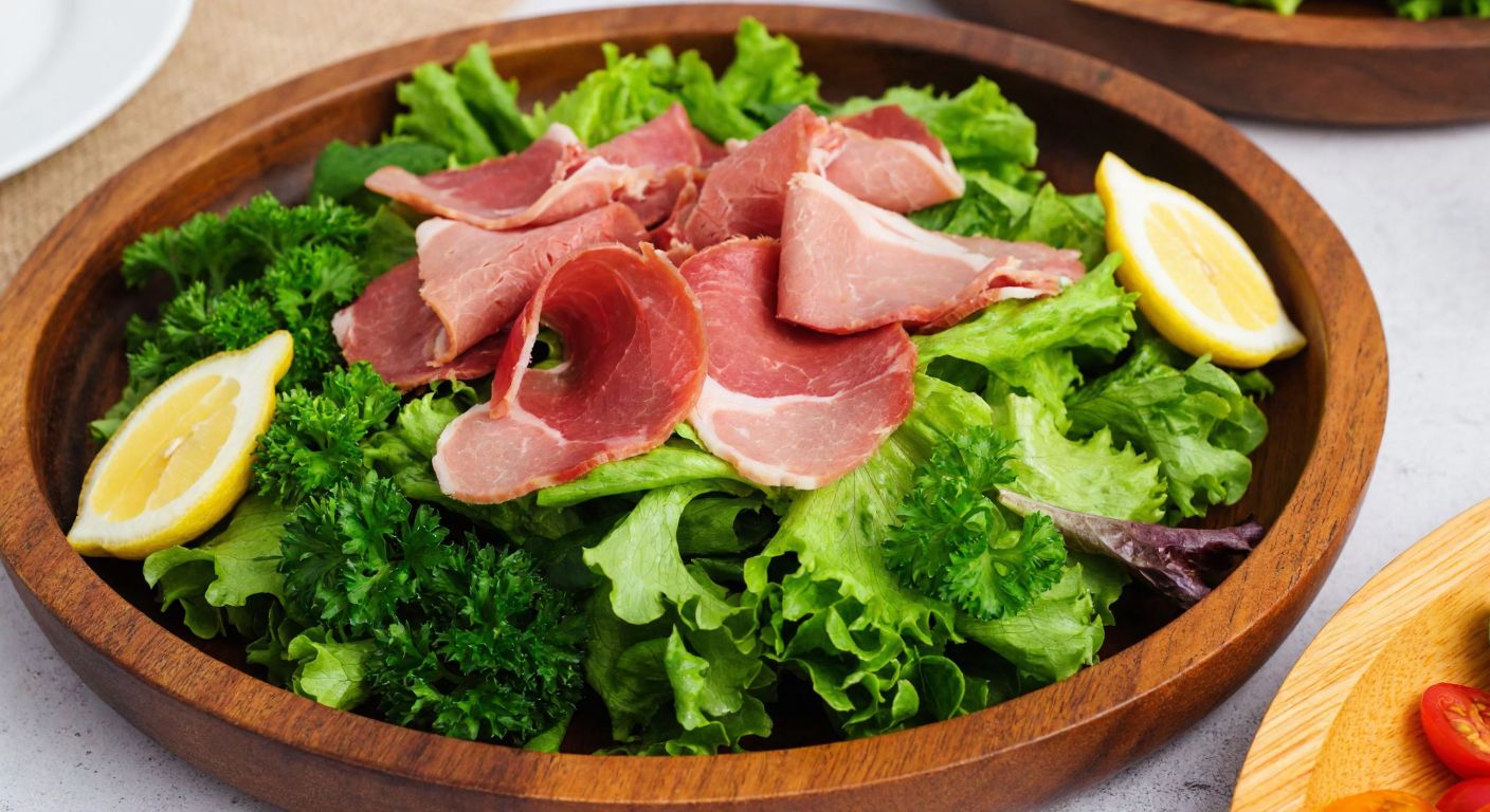 A rustic wooden bowl filled with fresh green salad topped with thinly sliced smoked meat, garnished with lemon wedges and parsley, evoking a traditional Turkish meze table.