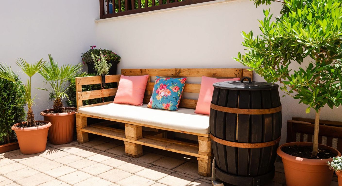 A rustic wooden pallet transformed into a cozy garden bench with colorful cushions, surrounded by potted plants and a handcrafted compost bin in a sunny Turkish courtyard.