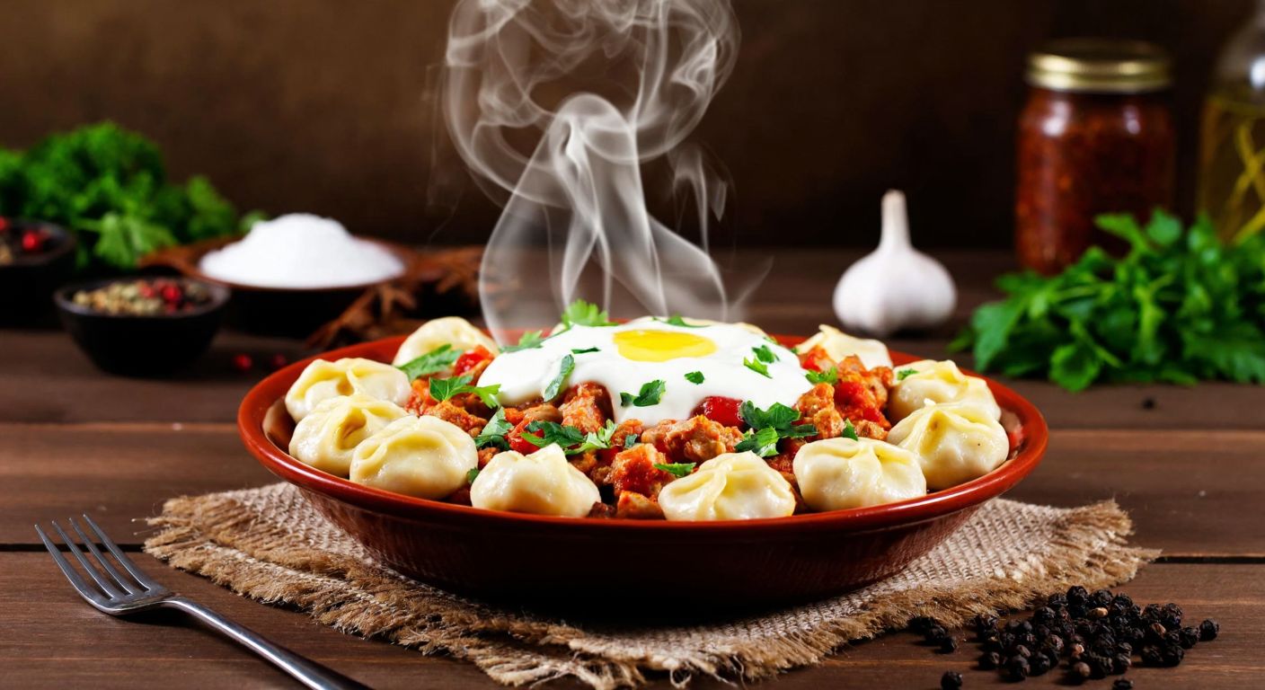 A steaming plate of Turkish manti topped with garlic yogurt and melted butter, surrounded by fresh herbs and spices, with a warm, inviting kitchen backdrop.