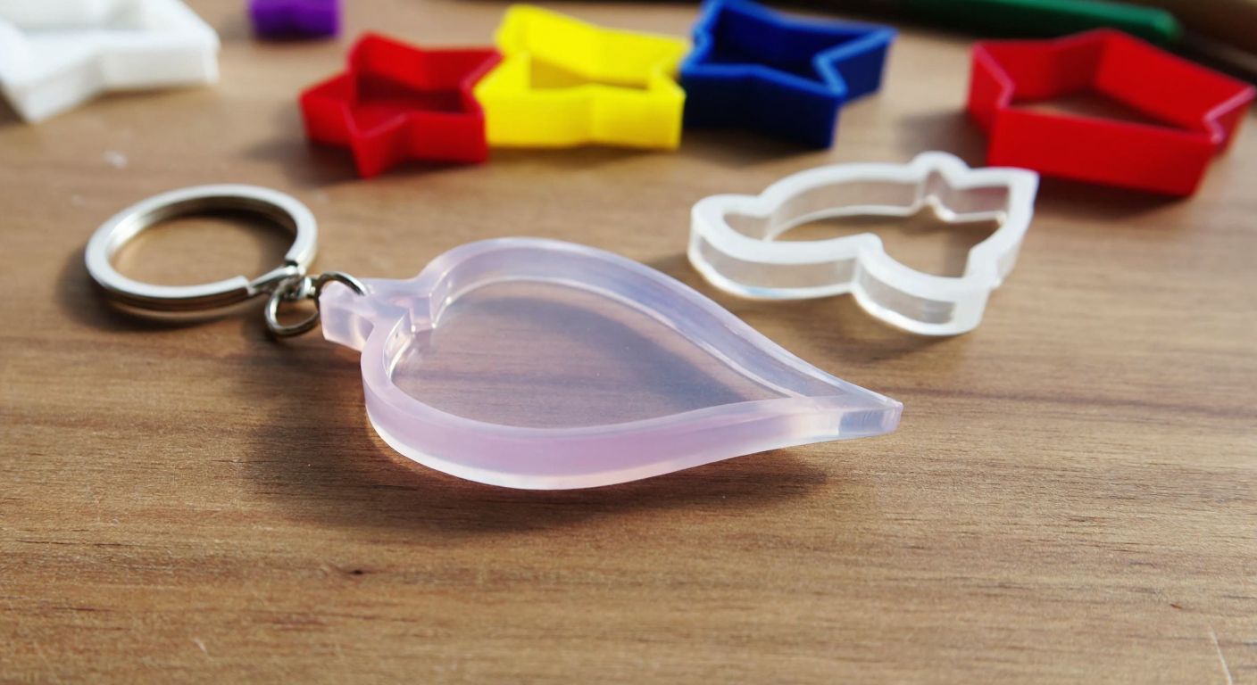 A close-up of a smooth, translucent epoxy keychain in the shape of a Turkish tulip, resting on a wooden crafting table with scattered molds of geometric shapes and animal figures nearby.