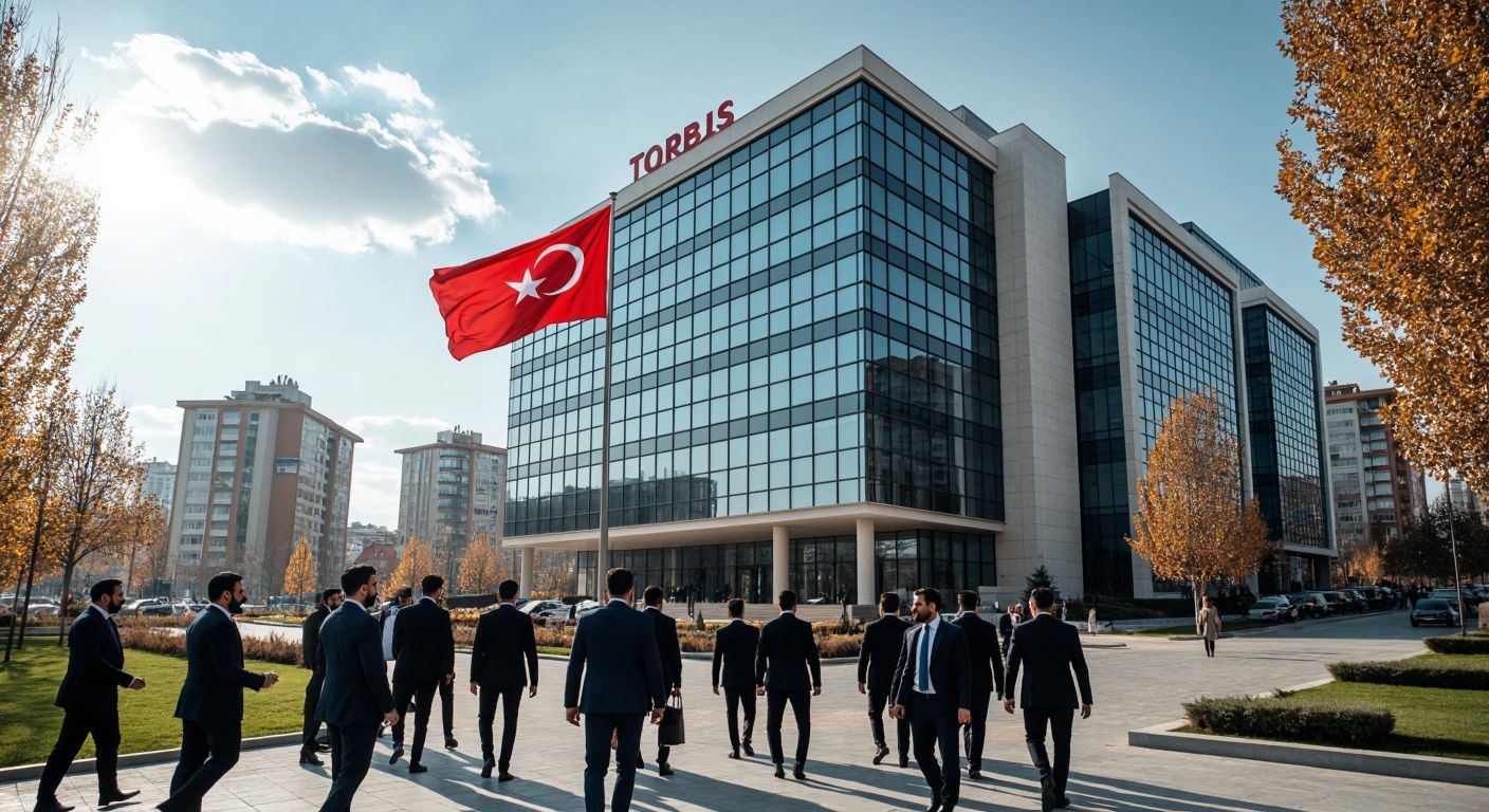 A modern office building with the Turkish flag flying in front, surrounded by a bustling cityscape representing Ankara, with businesspeople in formal attire entering and exiting, symbolizing TOBB's nationwide presence.