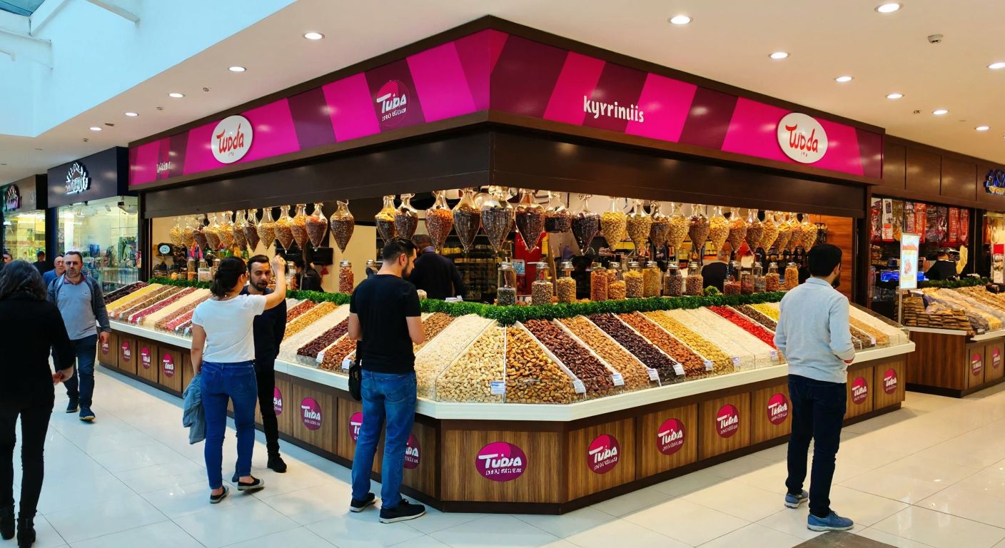 A bustling shopping mall in Bornova, Turkey, with a vibrant Tuğba Kuruyemiş storefront displaying colorful bins of nuts and dried fruits, surrounded by shoppers in casual attire.