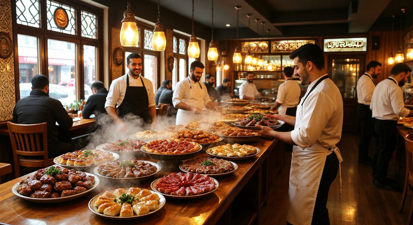 A bustling traditional Turkish restaurant in Şişli, Istanbul, with warm golden lighting, wooden tables laden with steaming plates of kebabs and baklava, and smiling waiters in white aprons carrying trays of çay.