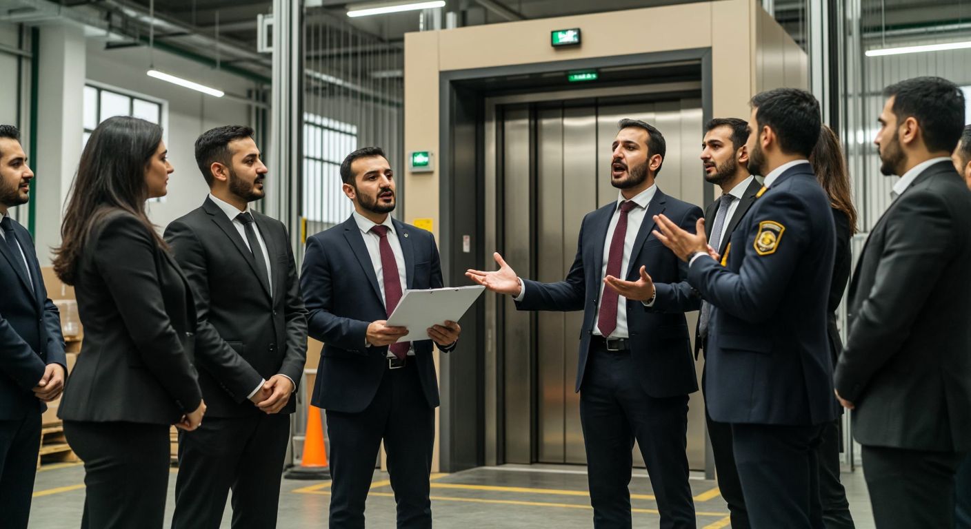 A group of Turkish businesspeople in formal attire discussing in front of an elevator factory, while a customs officer in uniform oversees a warehouse auction nearby, with a passionate speaker gesturing emphatically in the background.