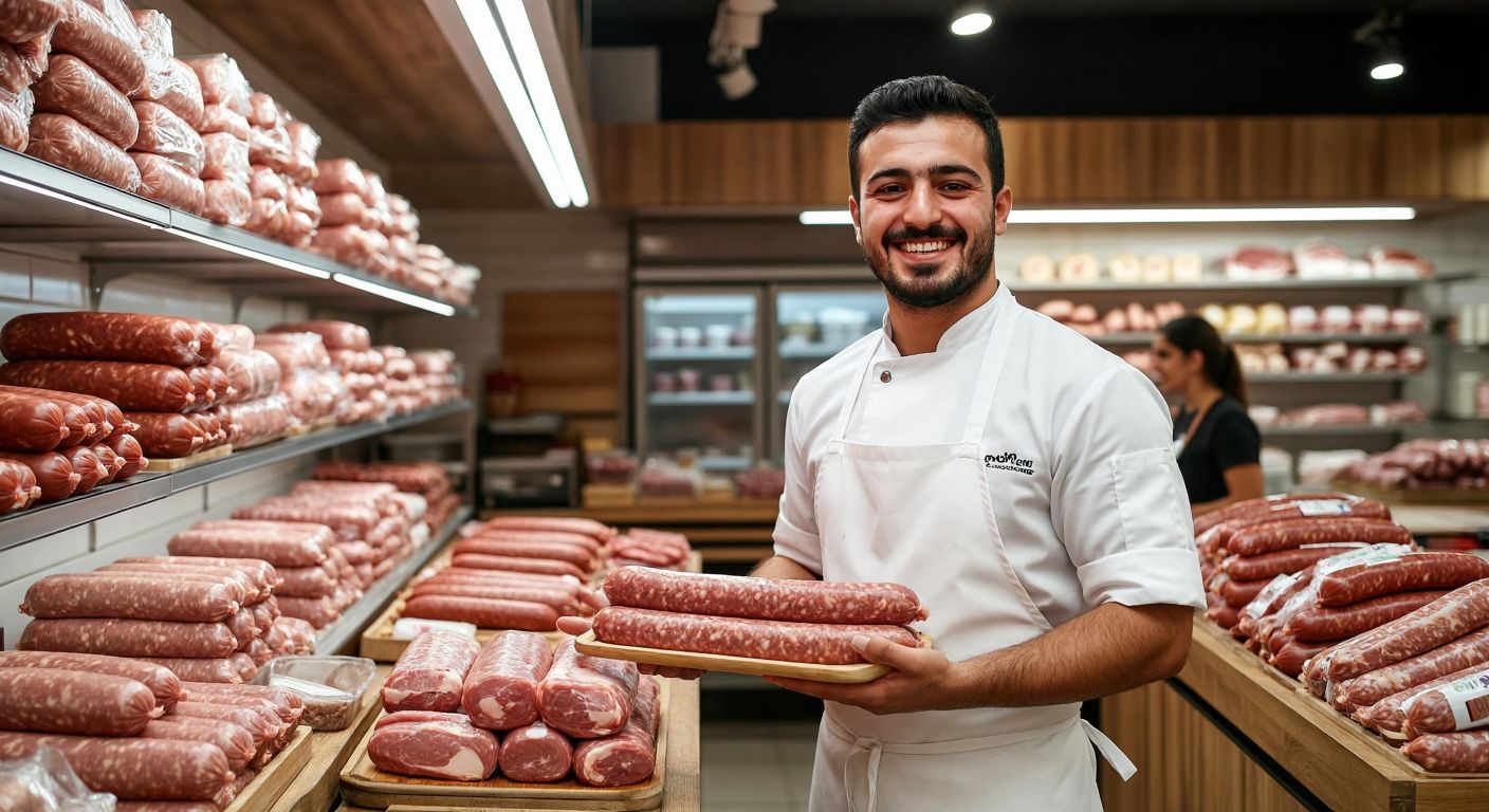A smiling Turkish butcher in a clean white apron proudly displays fresh Polonez meat products in a well-lit, hygienic shop with shelves full of packaged sausages and cuts, while customers nod approvingly.