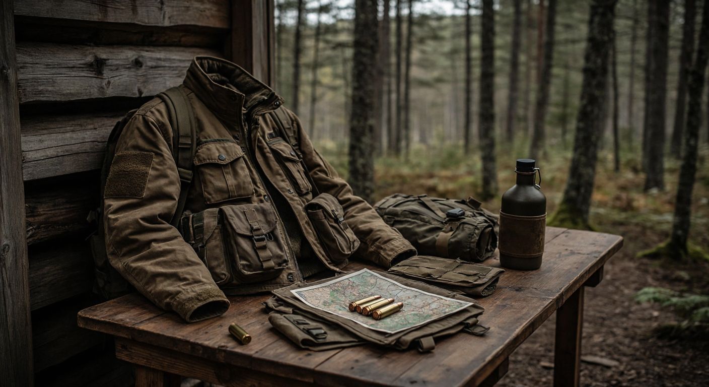 A rugged hunter's jacket with multiple pockets—some holding ammunition, a folded map, and a canteen—rests on a wooden table in a dimly lit forest cabin.