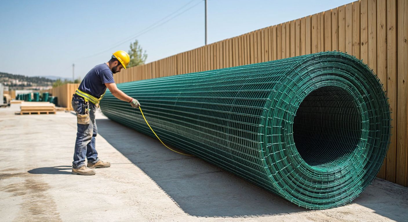 A worker in a Turkish construction yard unrolls a long coil of green PVC-coated wire mesh with 50x50 mm square gaps, measuring it against a wooden fence under the bright sun.