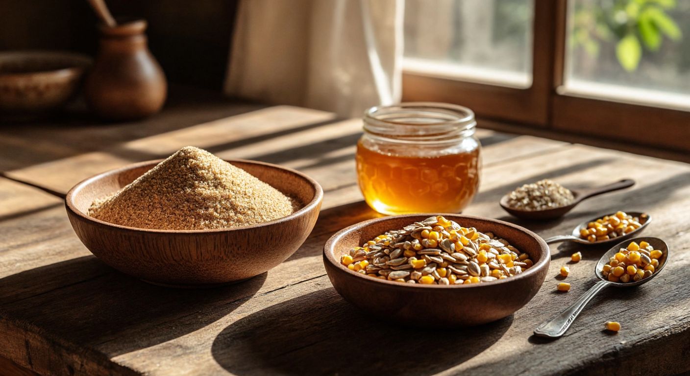 A rustic wooden table in a sunlit Turkish kitchen holds two small bowls—one filled with golden-brown toasted grain flour (kavut unu) beside a spoon and honey jar, and the other containing coarse, earthy wild pear flour (ahlat unu) with scattered pumpkin seeds and roasted corn kernels.