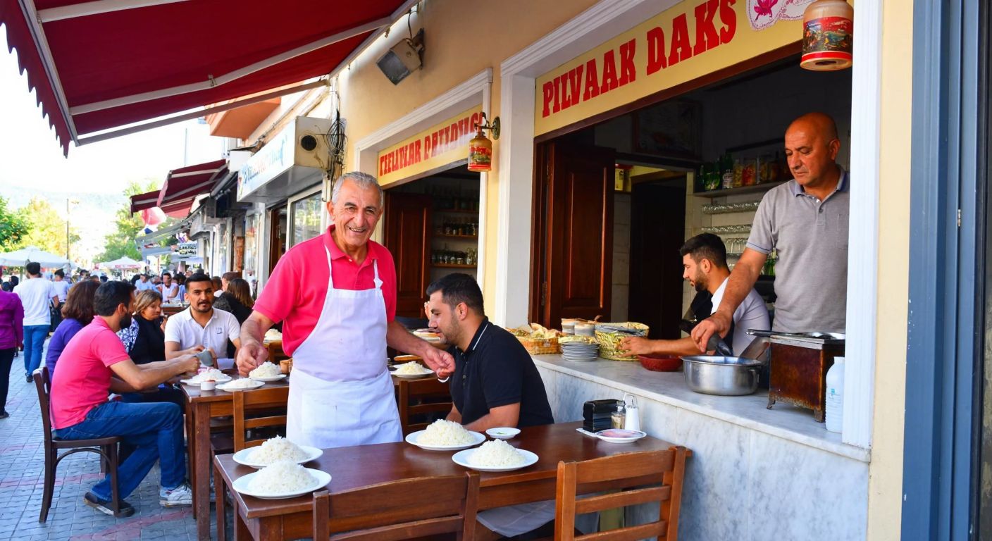 A bustling street in Fethiye with a small, cozy pilavcı (rice shop) under a red awning, where a smiling elderly man in a white apron serves steaming plates of fragrant rice to eager customers seated at wooden tables.
