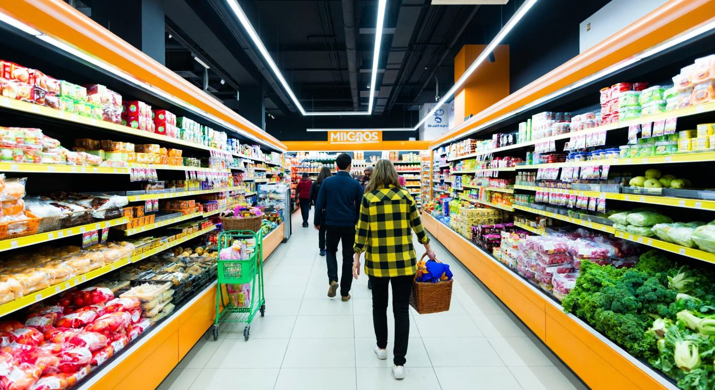 A bustling Migros supermarket in Turkey with colorful shelves stocked with fresh produce, packaged goods, and household items, while cheerful shoppers with baskets navigate the aisles under bright fluorescent lights.