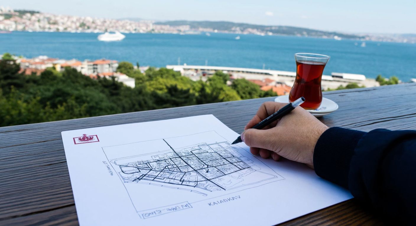 A person in Kadıköy sketches a rough map of the neighborhood on paper, with the Bosphorus in the background and a cup of Turkish tea nearby.