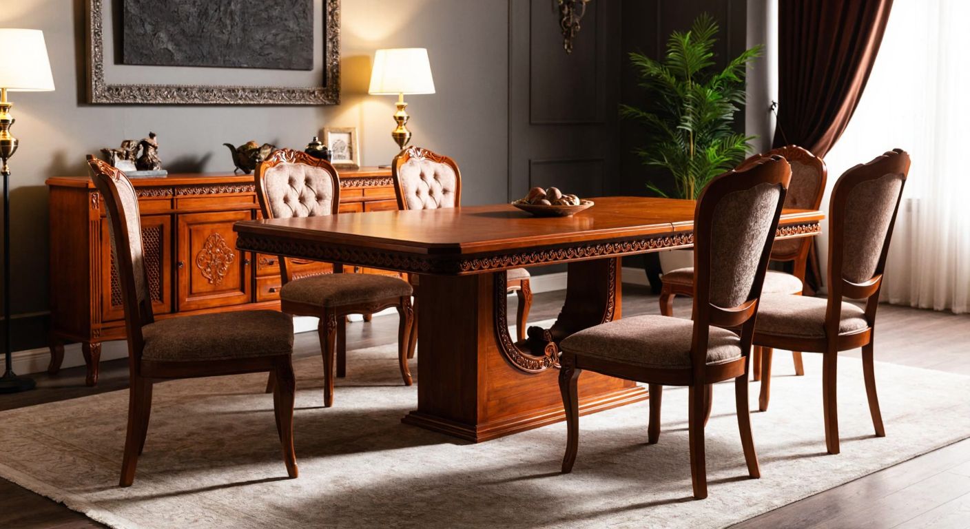 A well-crafted, elegant wooden dining table with intricate carvings, surrounded by sturdy, stylish chairs in a warmly lit Turkish living room.