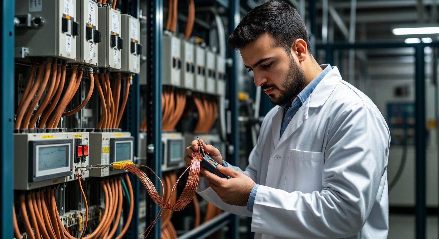 A focused Turkish engineer in a lab coat examines a copper wire with a multimeter against a backdrop of industrial electrical equipment.