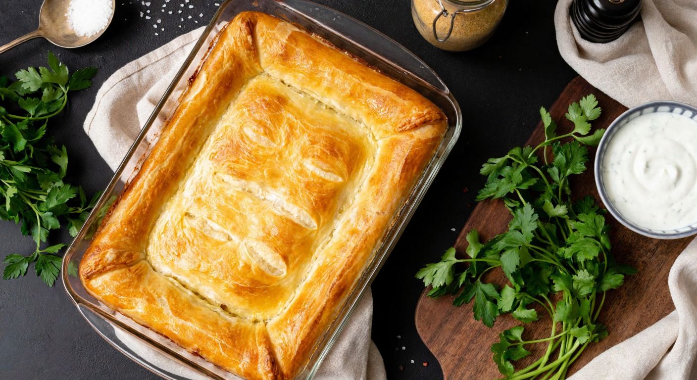 A rustic Turkish kitchen with a golden, flaky peynirli börek fresh out of the oven on a borcam tray, surrounded by fresh parsley and a warm, inviting glow.