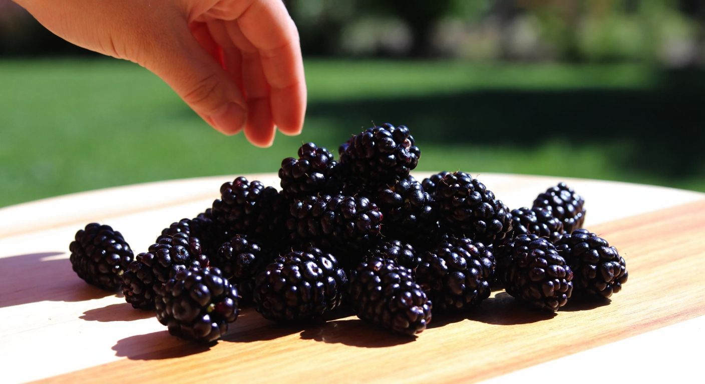 A small pile of dark, glossy black mulberries resting on a sunlit wooden table in a Turkish garden, with a hand reaching to grab a few.