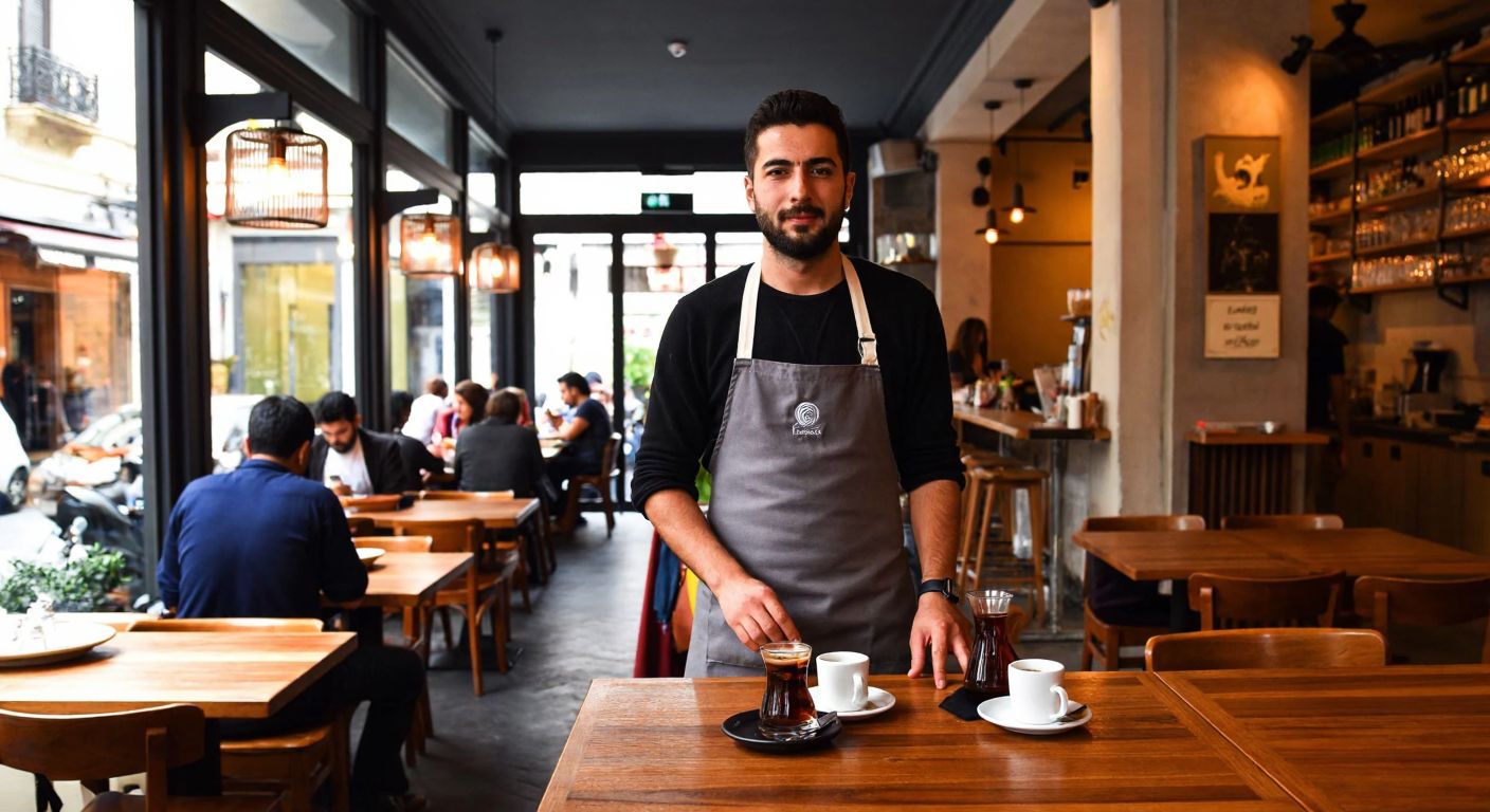 A bustling café in Karaköy with modern wooden tables, steaming cups of Turkish coffee, and a warm, inviting atmosphere, where a confident Turkish man in a chef’s apron oversees the lively scene.