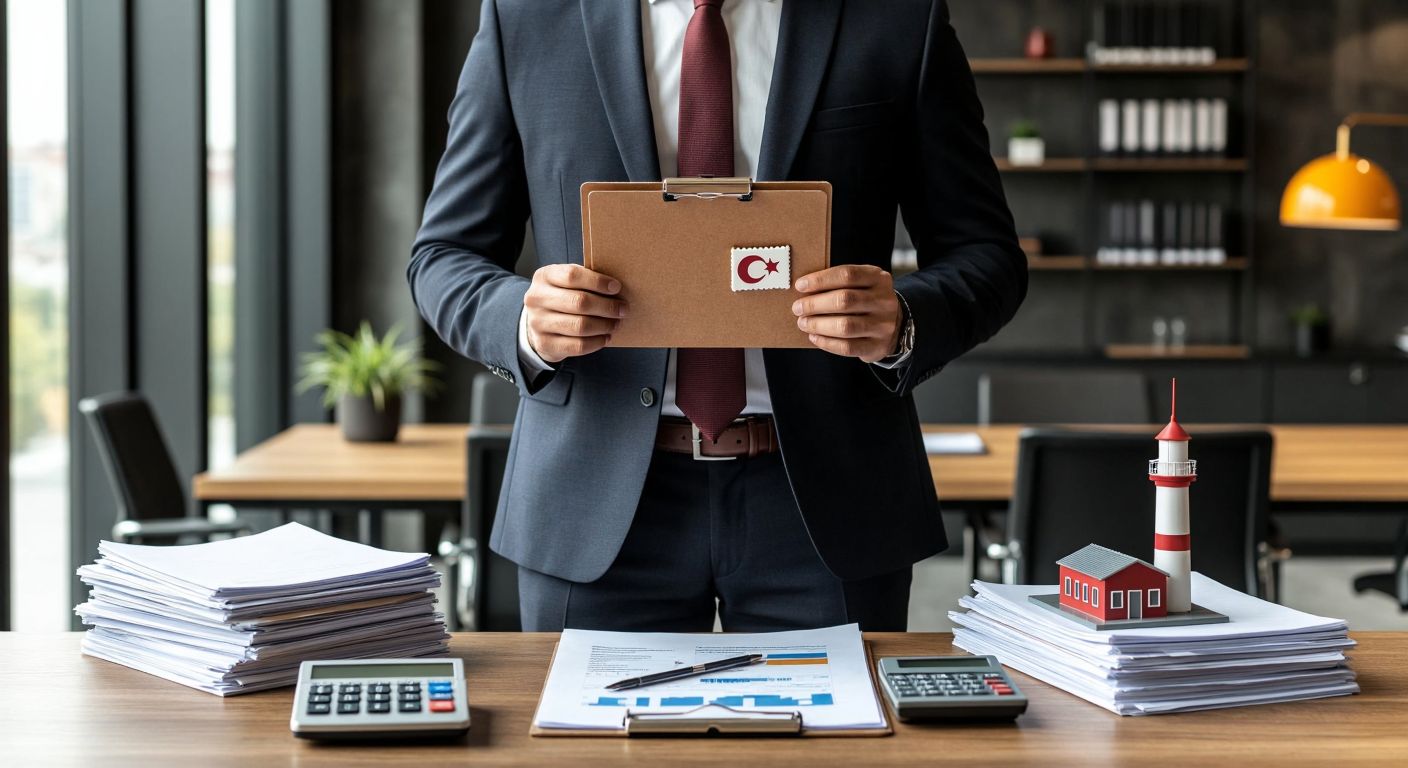 A Turkish businessperson in a crisp suit stands confidently in a modern office, holding a clipboard with a chocolate bar and a map of Turkey, surrounded by stacks of documents, a calculator, and a small factory model on a wooden table.