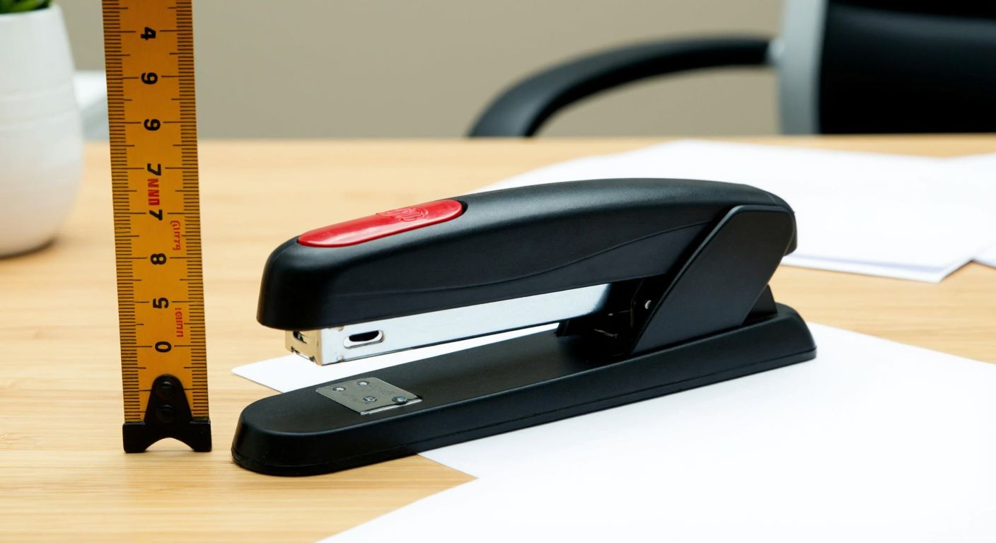 A sleek black Maped stapler with a ruler beside it showing an 84 mm measurement, placed on a wooden desk with scattered papers in a well-lit Turkish office.