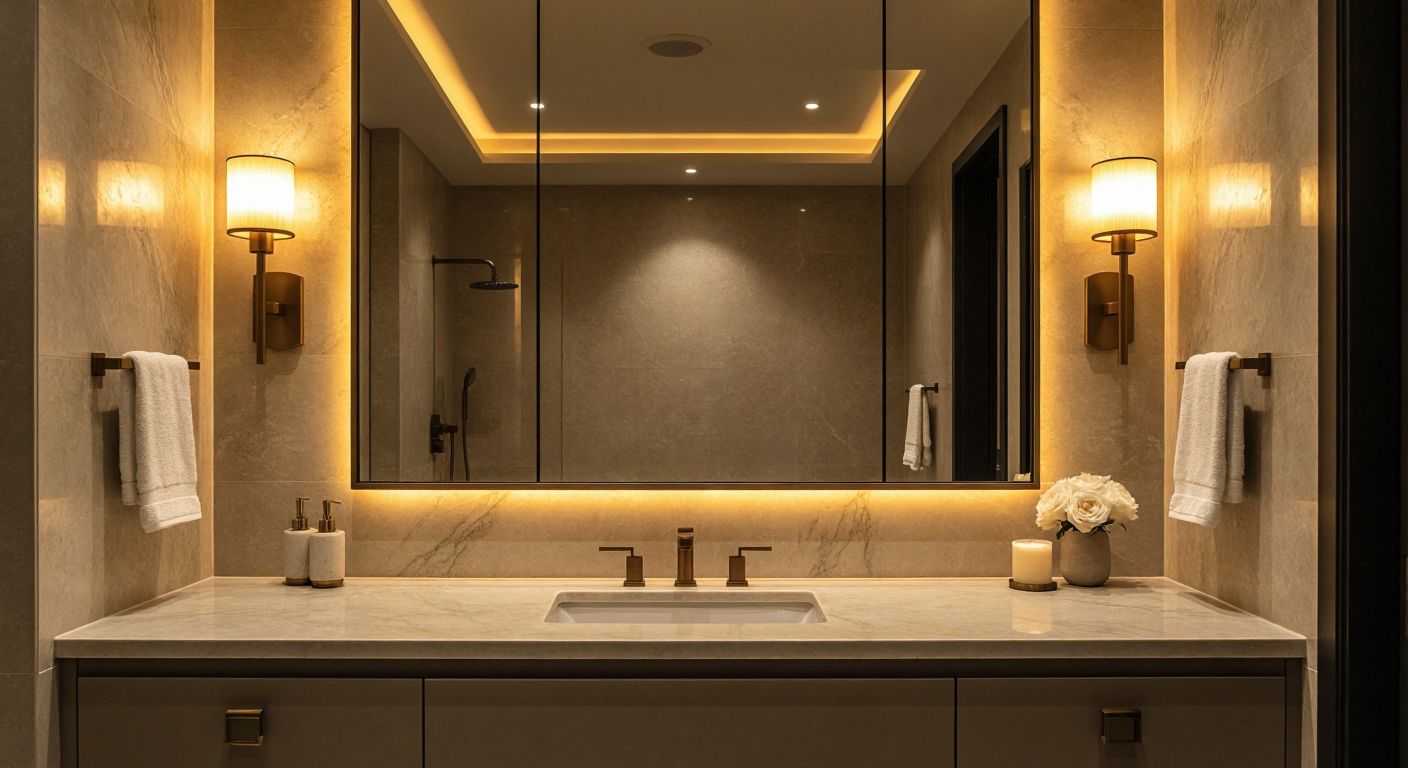 A sleek, modern bathroom with warm golden light radiating from elegant wall-mounted sconces framing a large mirror, reflecting a softly illuminated marble countertop and Turkish ceramic tiles.