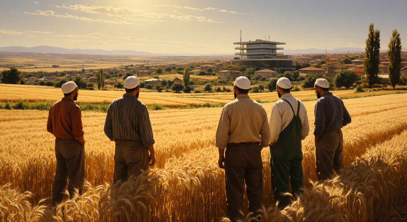 A group of Turkish farmers in traditional workwear standing in a sunlit wheat field, looking toward a distant modern building in Ankara representing the TZOB headquarters.