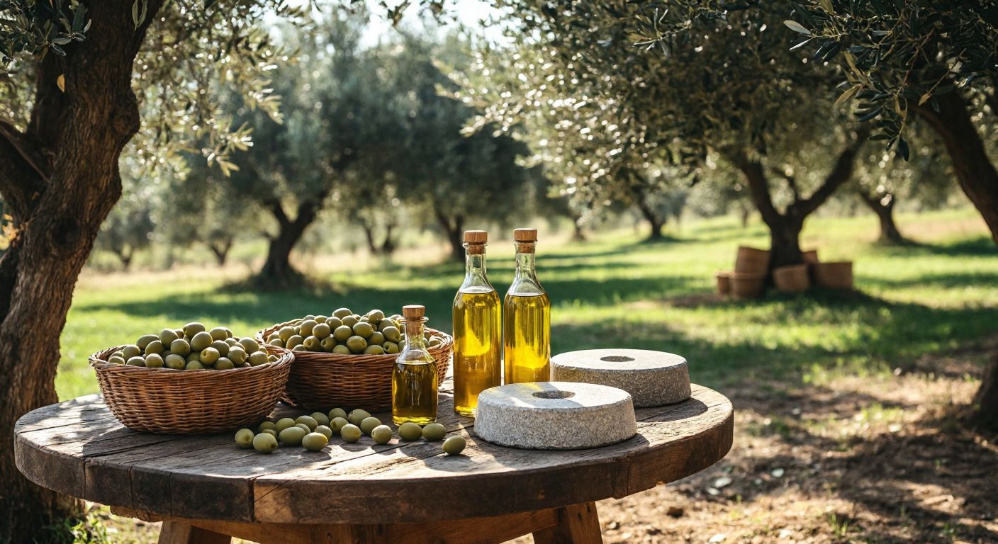 A rustic wooden table in a sunlit Turkish olive grove holds glass bottles of golden olive oil, freshly pressed stone mill wheels nearby, with a basket of ripe olives and a traditional copper pitcher.