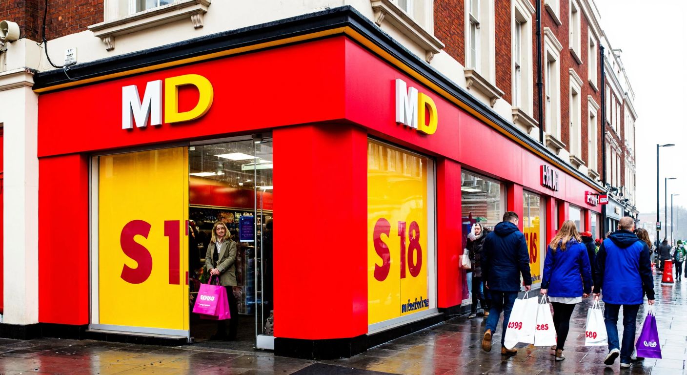 A red and yellow storefront with a bold logo, set against a rainy British street with shoppers carrying colorful discount store bags.