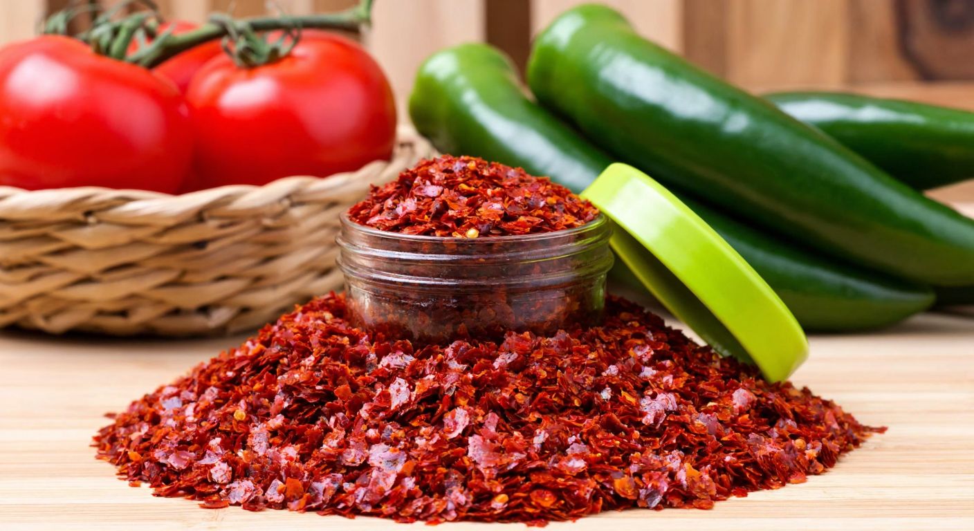 A vibrant red pile of crushed chili flakes in a small glass jar with a green lid, placed on a wooden table next to fresh tomatoes and a woven basket of green peppers, evoking a traditional Turkish kitchen.