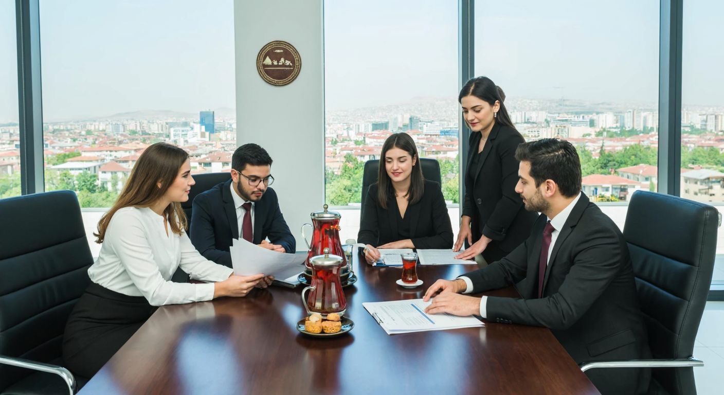 A group of professional accountants in formal attire discussing financial documents in a modern office in Konya, with a backdrop of the city's skyline and a traditional Turkish tea set on the table.