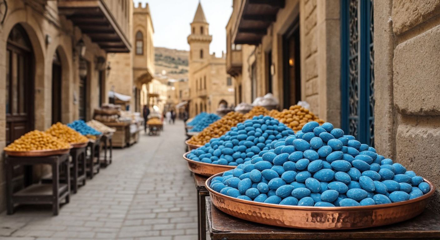 A vibrant street in Mardin with a traditional sweets vendor displaying bright blue almond candies in a copper tray, surrounded by the city's iconic golden stone architecture.