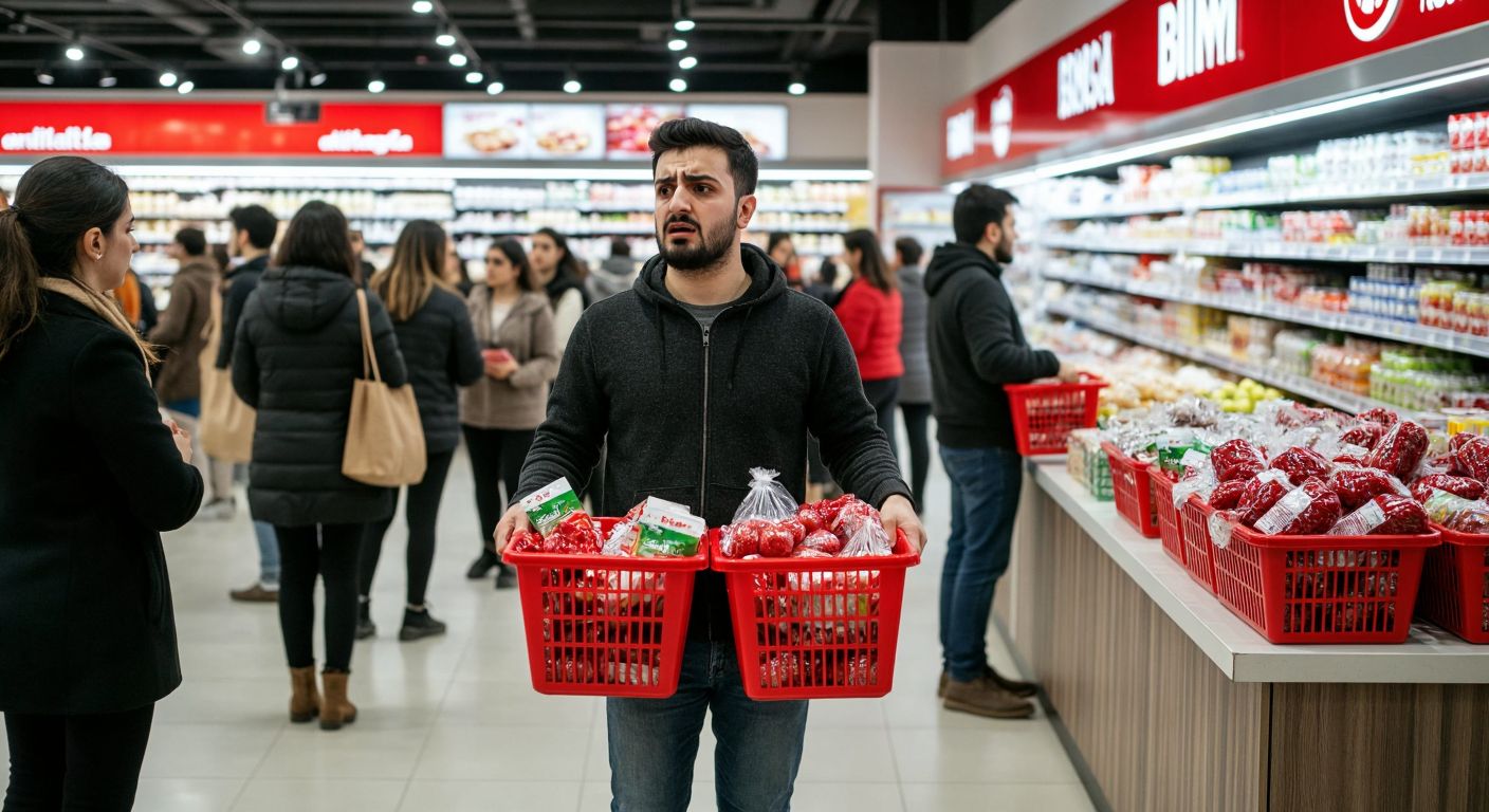 A crowded BİM supermarket in Turkey with frustrated customers at the checkout, holding full baskets while glancing at the empty space behind the cashier where no impulse-buy items are displayed.