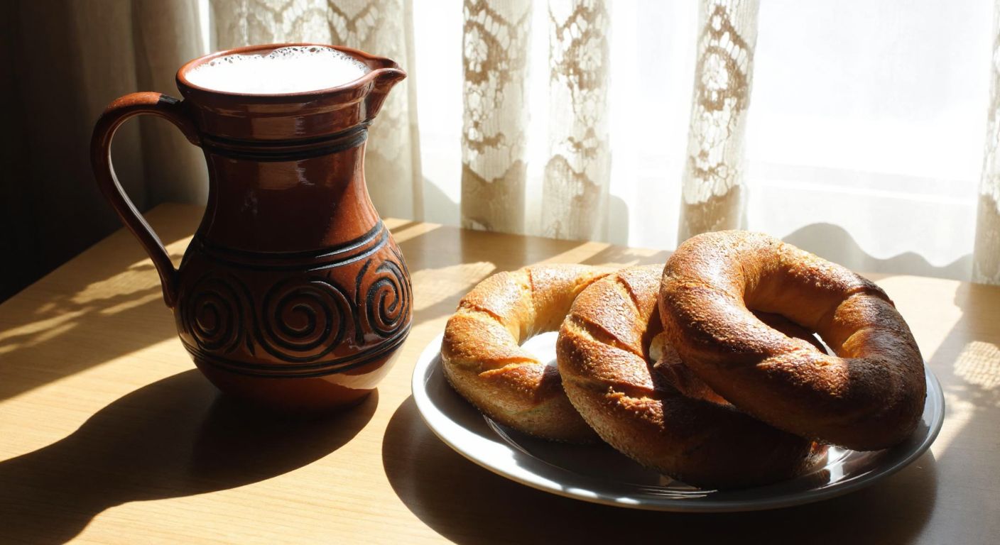A traditional Turkish ceramic pitcher filled with frothy ayran, placed on a wooden table beside a plate of fresh simit, with sunlight streaming through a lace curtain in the background.