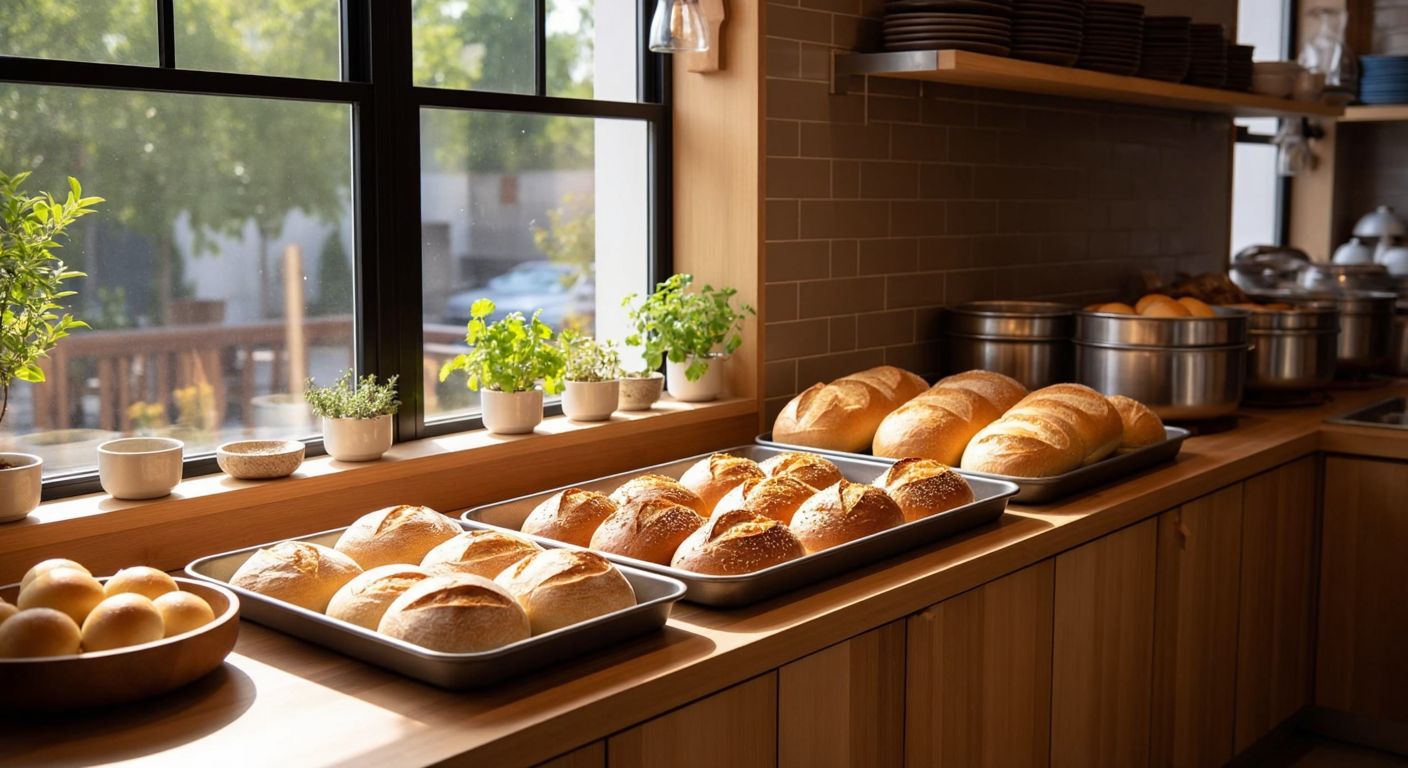 A warm Turkish kitchen with a wooden counter displaying various-sized baking trays—a long rectangular one for baguettes, a smaller rectangular tray, and a round tray—next to freshly baked golden loaves of bread.