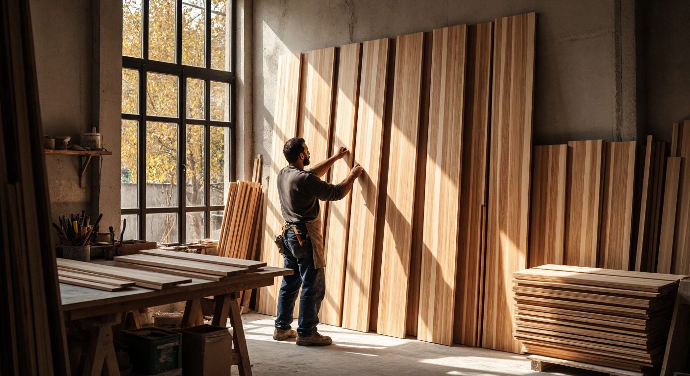 A craftsman in a sunlit Turkish workshop carefully fitting long, thin wooden panels onto a wall, with stacks of polished lambri planks nearby.