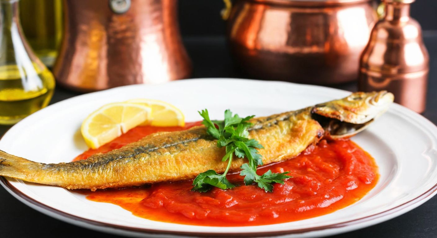 A golden-brown fried zargana fish on a rustic plate, drizzled with a vibrant red tomato sauce, garnished with fresh parsley and lemon wedges, set against a backdrop of a cozy Turkish kitchen with copper pots and olive oil bottles.